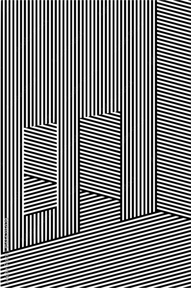 Poster optical illusion with vertical and diagonal black and white stripes creating abstract geometric form