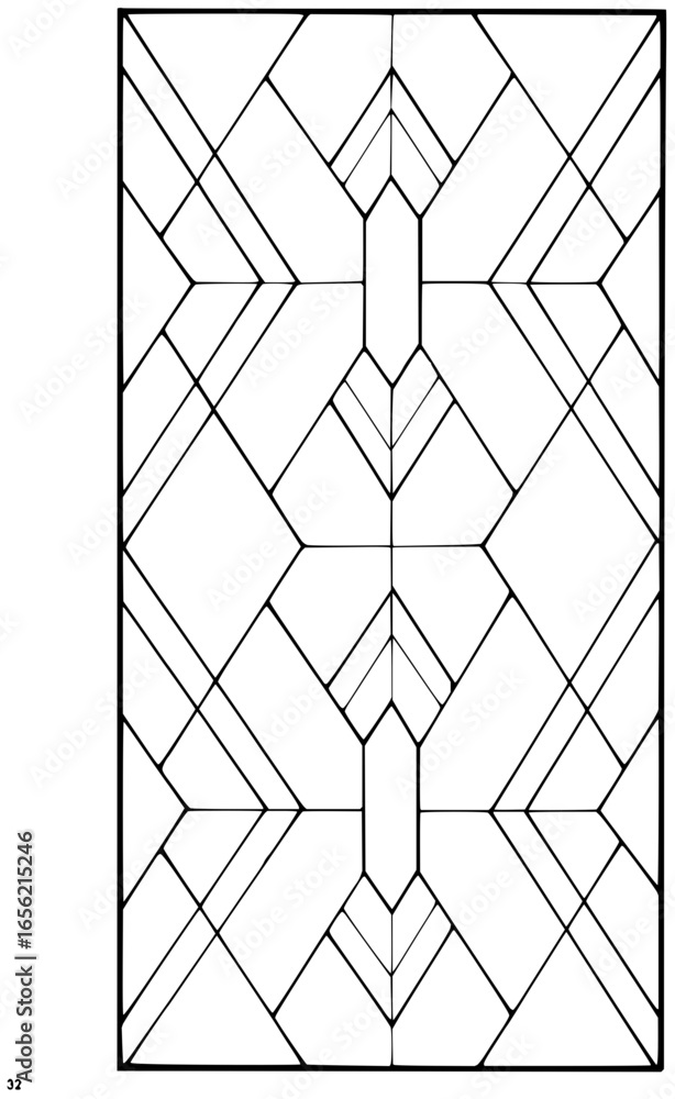 Poster geometric art deco pattern with symmetrical shapes and linear designs in a rectangular black border 