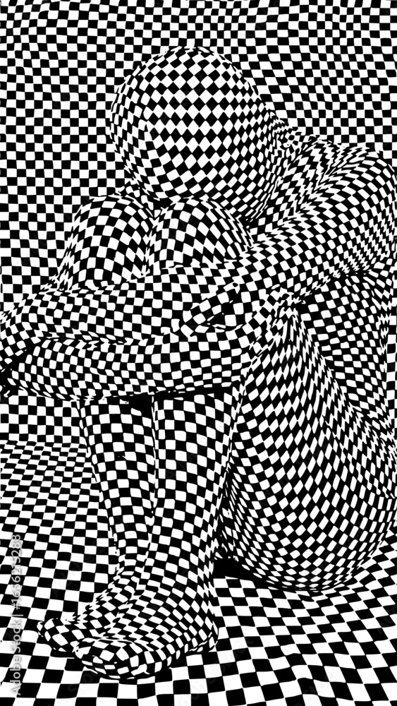 Poster checkered figure in seated position with spherical head in optical illusion setting design art