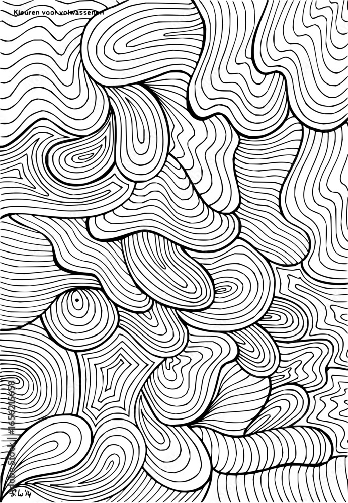 Poster abstract black and white line art featuring organic shapes and flowing patterns in a dense compositi
