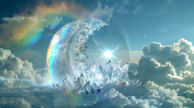 A moon made of crystal with light refracting in rainbows