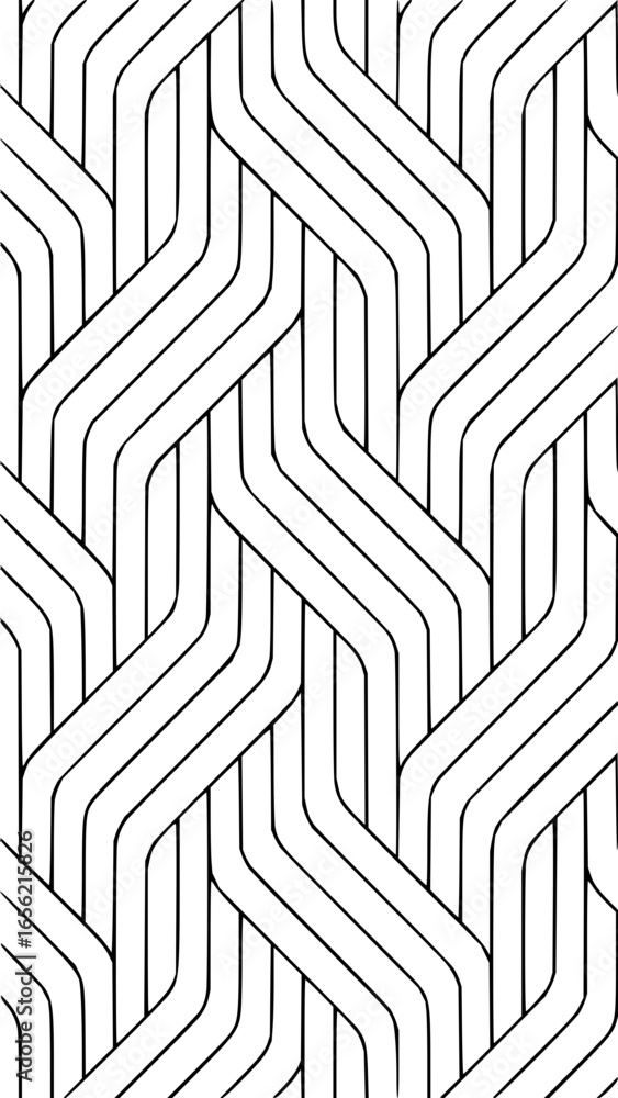 Poster black and white geometric pattern featuring interlocking rounded lines creating a woven look
