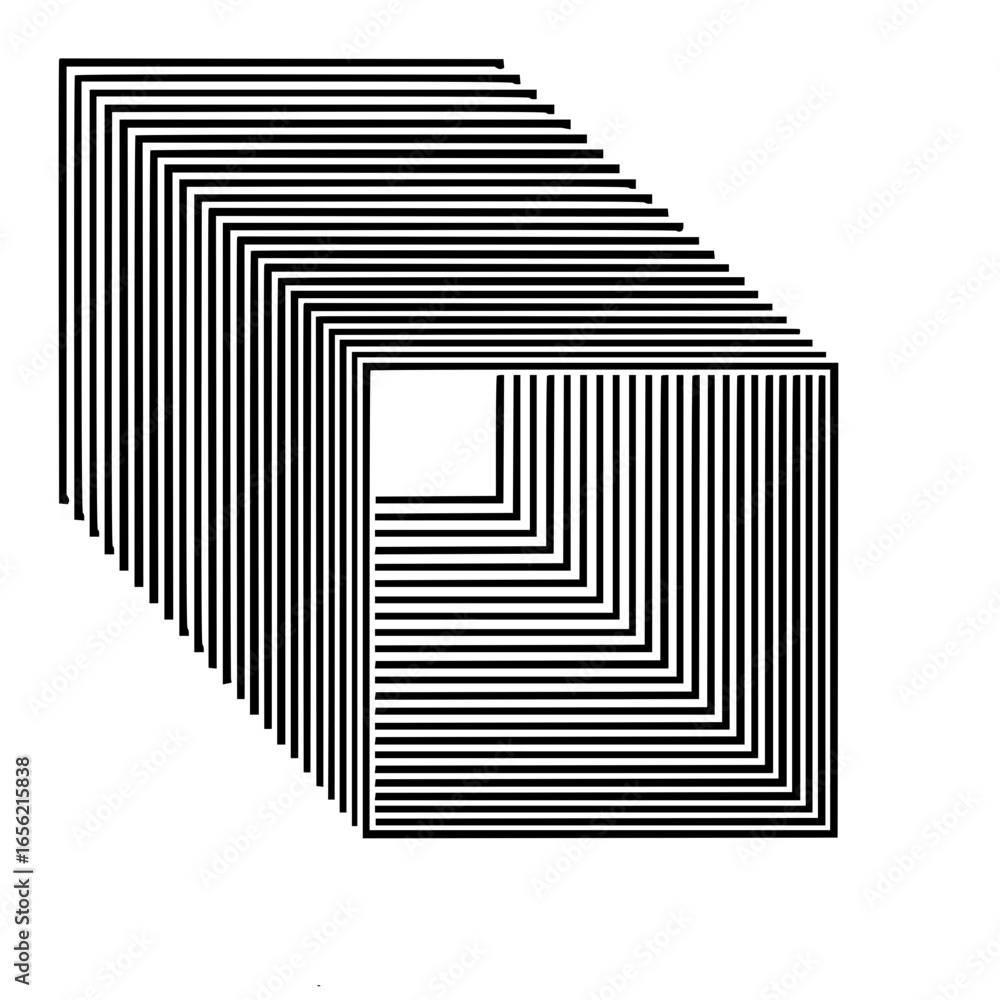 Poster isometric cube illusion created with black horizontal lines and a white background for optical effec