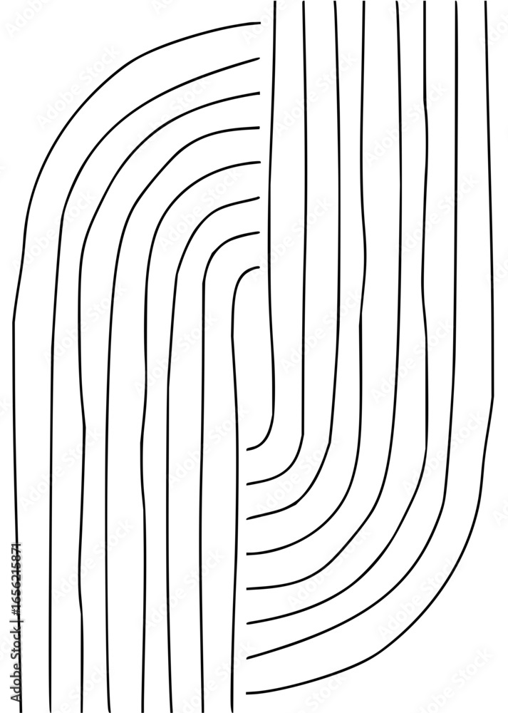 Poster abstract drawing with curved and straight black lines creating an interwoven pattern on white backgr