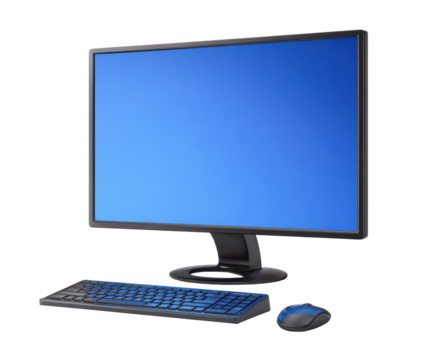 Modern desktop setup with blue screen and wireless gear. Cut out PNG
