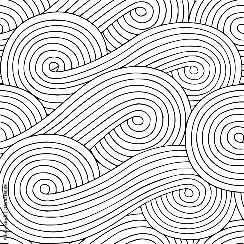 Poster black and white seamless pattern of stylized waves and swirls with circular elements design art