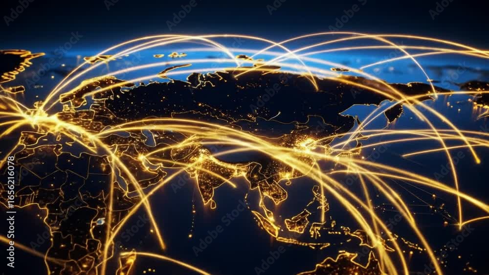 Poster global connectivity map. world map highlighted with glowing lines, showing international connections