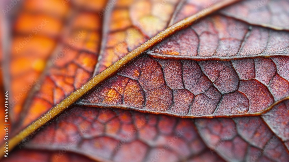 Poster detailed view of overlapping leaves showcasing intricate patterns and warm colors typical of autumn 