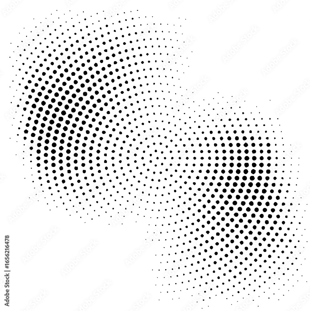 Poster black halftone pattern forming two curved shapes with varying dot sizes on a white background design