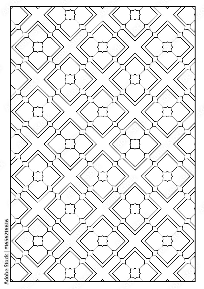 Poster repeating diamond pattern with central square and connecting lines in a black and white design