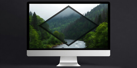 Fototapeta premium Modern Computer Monitor Displaying a Breathtaking Landscape View Through a Diamond Shape