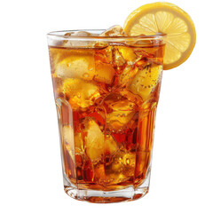 Glass of iced tea with lemon, isolated white and transparent background.