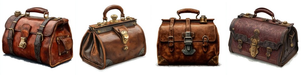 Vintage leather handbags in various styles and textures including classic, antique, rugged, and ornate with intricate details and brass hardware, isolated on white background