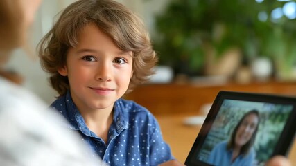 Cozy home setting with a child actively participating in an online learning session via tablet representing digital education, remote learning, interactive teaching, child engagement, technology - Powered by Adobe