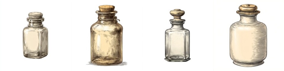 Set of four vintage glass storage bottles with cork and wooden stoppers in various shapes and sizes