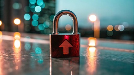 Closeup of a red padlock with an arrow pointing up on a reflective surface with blurred city lights in the background