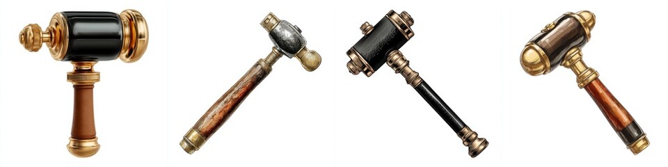 Set of vintage and modern gavel hammers with detailed textures and wooden handles, used in legal proceedings, courtroom ceremonies, and judicial decisions, on a white background