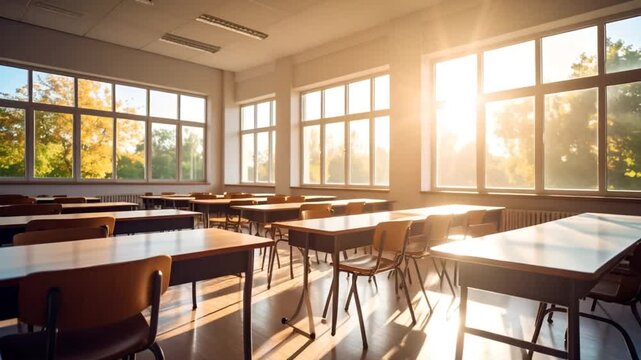 Empty classroom filled with natural sunlight