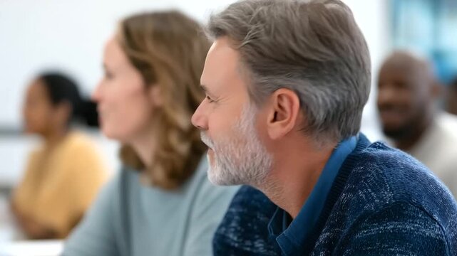 Modern classroom setting with adults engaged in a dynamic language class representing interactive learning, communication skills, cultural exchange, adult education, personal growth, knowledge sharing
