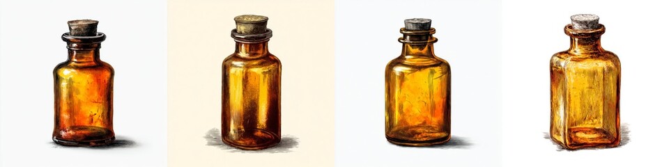 Vintage amber glass apothecary bottles with cork stoppers arranged in a row against a plain white background, showcasing retro pharmaceutical containers and medicinal storage objects
