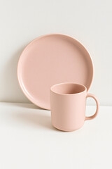 Pink Ceramic Plate and Cup Mockup on Minimal White Table