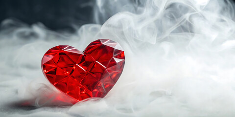 A vibrant red faceted crystal heart emerging from a mystical cloud of white smoke, symbolizing love and passion