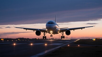 Obraz premium Passenger Airplane Landing on Runway During Sunset with Vibrant Sky and Runway Lights