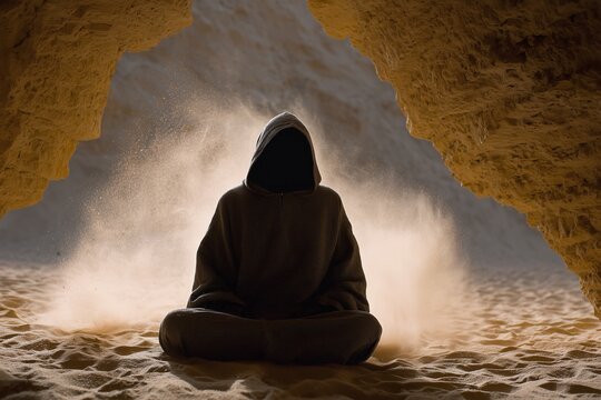 Faceless hooded figure in cave, symbolic solitude meditation - Powered by Adobe