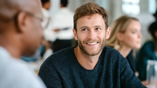 Classroom setting with a dynamic adult language class focused on enhancing conversational abilities representing communication skills, lifelong learning, cultural exchange