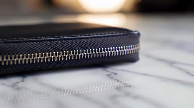 Close Up of Black Leather Wallet with Zipper on a White Marble Countertop