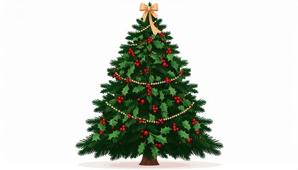 Fototapeta premium Illustrated Christmas tree adorned with red berries, golden beads, and a bow, perfect for holiday-themed designs and festive decorations.
