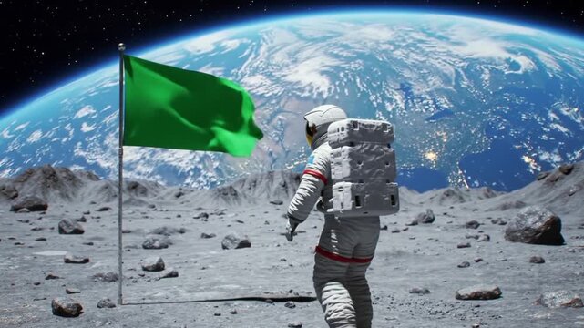 Astronaut planting green flag on moon, facing earth. Ideal for space exploration, space missions, lunar achievements, scientific presentations.