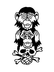 Dark illustration of monkeys covering their eyes, ears, and mouth