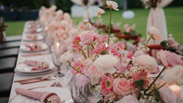 Elegant outdoor wedding table setting with pink roses, candles, and crystal glasses, creating a romantic atmosphere perfect for celebrations, events, and luxury dining concepts.