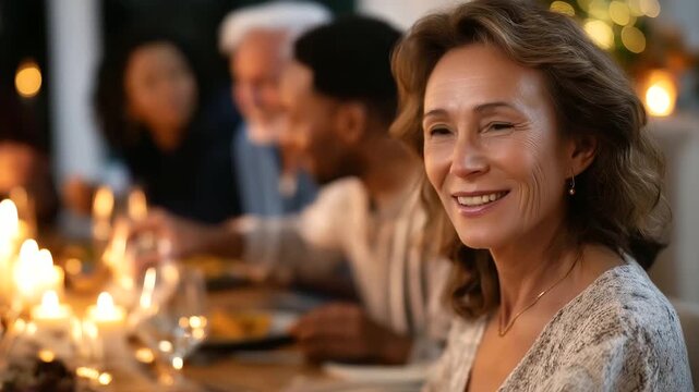 Home dining setting with a joyful family dinner and loved ones gathered around a warm inviting table representing family bonding, shared meals, tradition, togetherness, joyful living, home celebration