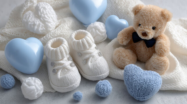 A baby clothes surrounding by pregnancy announcement, blue and white balloons with heart shape and knitted baby booties, teddy bear on a soft blanket. Baby shower