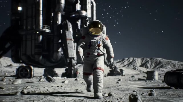 Astronaut exploring moon by lunar module. Perfect for space exploration, lunar mission, science fiction, futuristic designs, and space travel concepts.