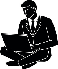 Young man in suit sitting cross legged while working on laptop