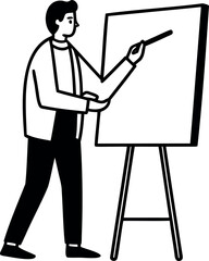 Monochrome vector illustration of a man presenting using a whiteboard stand