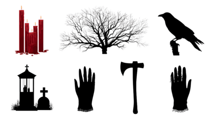 Black crow perched on skull with red candles, tree silhouette and hands in dark gothic style, perfect for Halloween or spooky themes