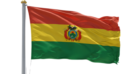 Bolivia national flag waving on flagpole, official tricolor symbol of Bolivia, red yellow and green stripes with emblem in the center, perfect for cultural and patriotic events