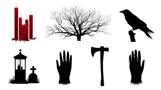 Black crow perched on skull with red candles, tree silhouette and hands in dark gothic style, perfect for Halloween or spooky themes