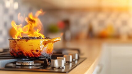 Cooking mishap results in burning pot on stovetop in modern kitchen