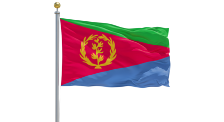 Eritrea national flag waving on flagpole isolated on white background, symbol of country identity and patriotism, perfect for cultural and educational projects