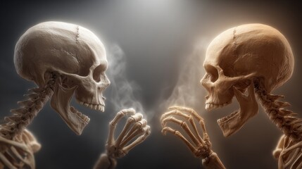 A skeleton couple waltzes together in a dramatic setting, surrounded by an ethereal fog that adds to the romantic allure of their dance as night falls.