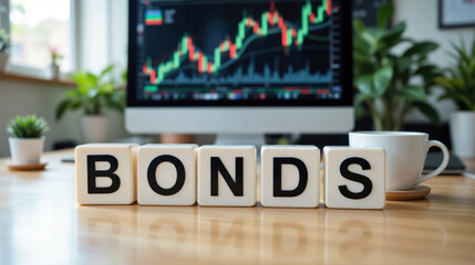 Word bonds on cubes in front of trading screen showing candlestick chart symbolizing