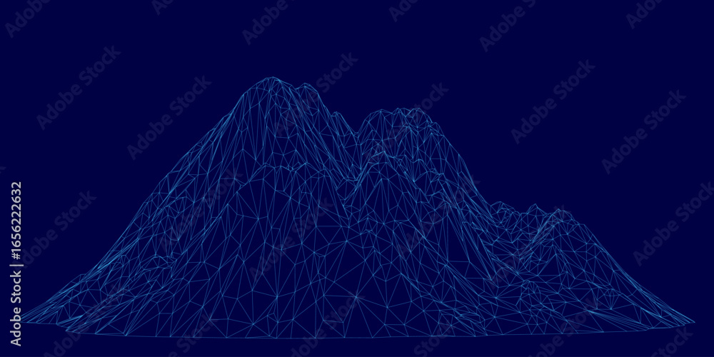 Poster low polygonal mountain with intricate wireframe design composed of geometric shapes and clean lines.