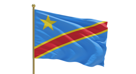 Flag of Democratic Republic of Congo waving on pole against white background, symbol of African country and national identity