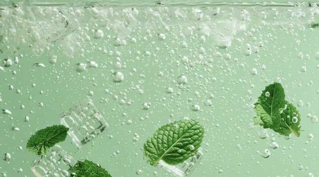 Refreshing Pineapple Slices, Ice Cubes, and Mint Leaves Floating in Water &ndash; Slow Motion Healthy Drink Video on Yellow-Green Background