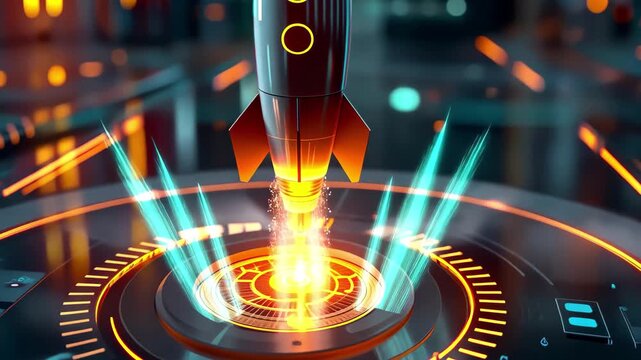 Ready for launch, a futuristic rocket prepares for takeoff in a sci-fi environment with vibrant neon lights and digital elements - Powered by Adobe